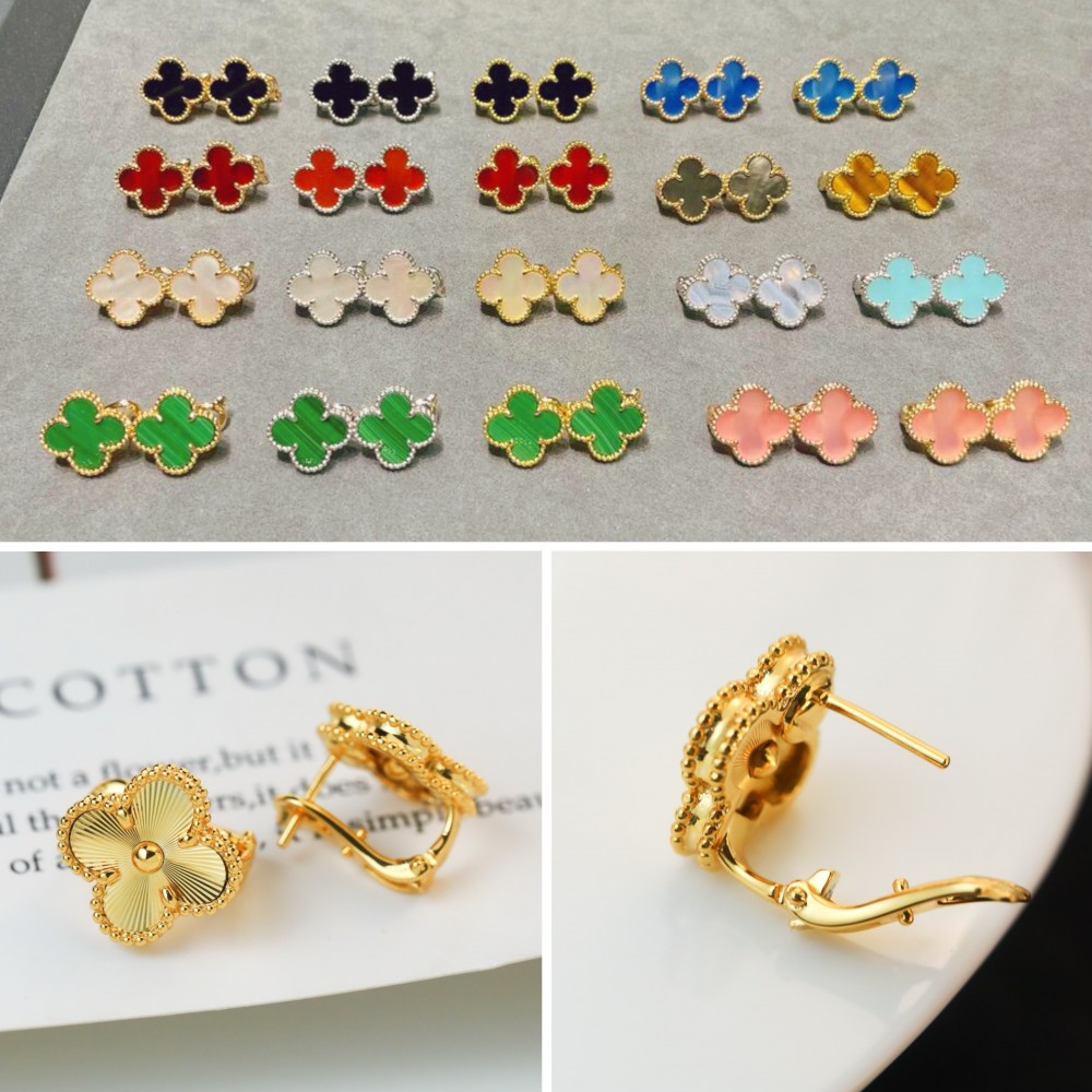 High-Quality Clip Back with Detachable Stem Stamped Clover Earrings (Gold Color)